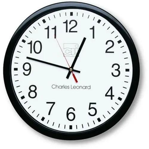 Wall clock with black frame and white face displaying brand name 'Charles Leonard'.