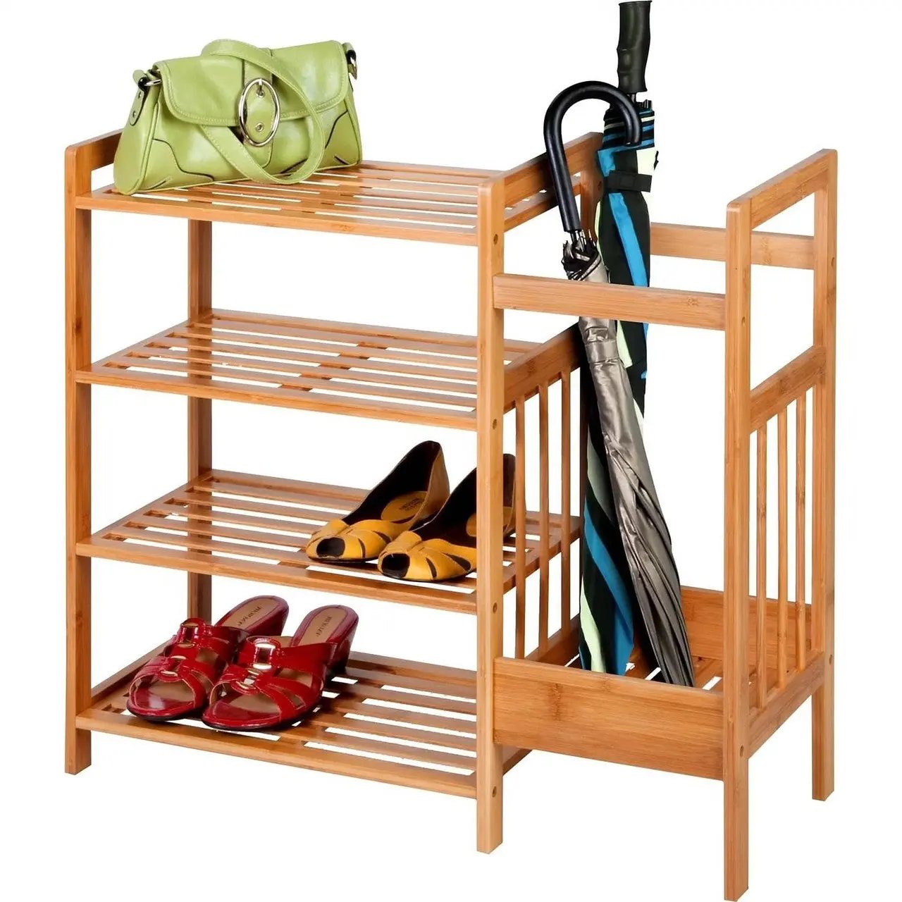 2-in-1 Bamboo Shoe Rack with Bench and Umbrella Holder 4 Shelves-2