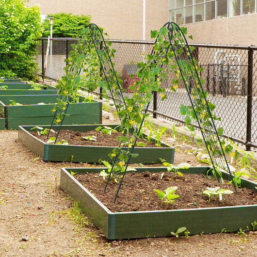 Row of green raised garden beds with trellises in an urban setting.