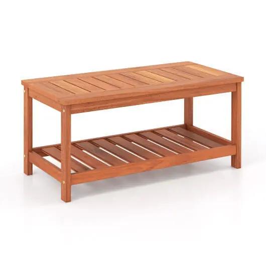 2-Tier Solid Wood Patio Coffee Table with Slatted Top and Shelf-4