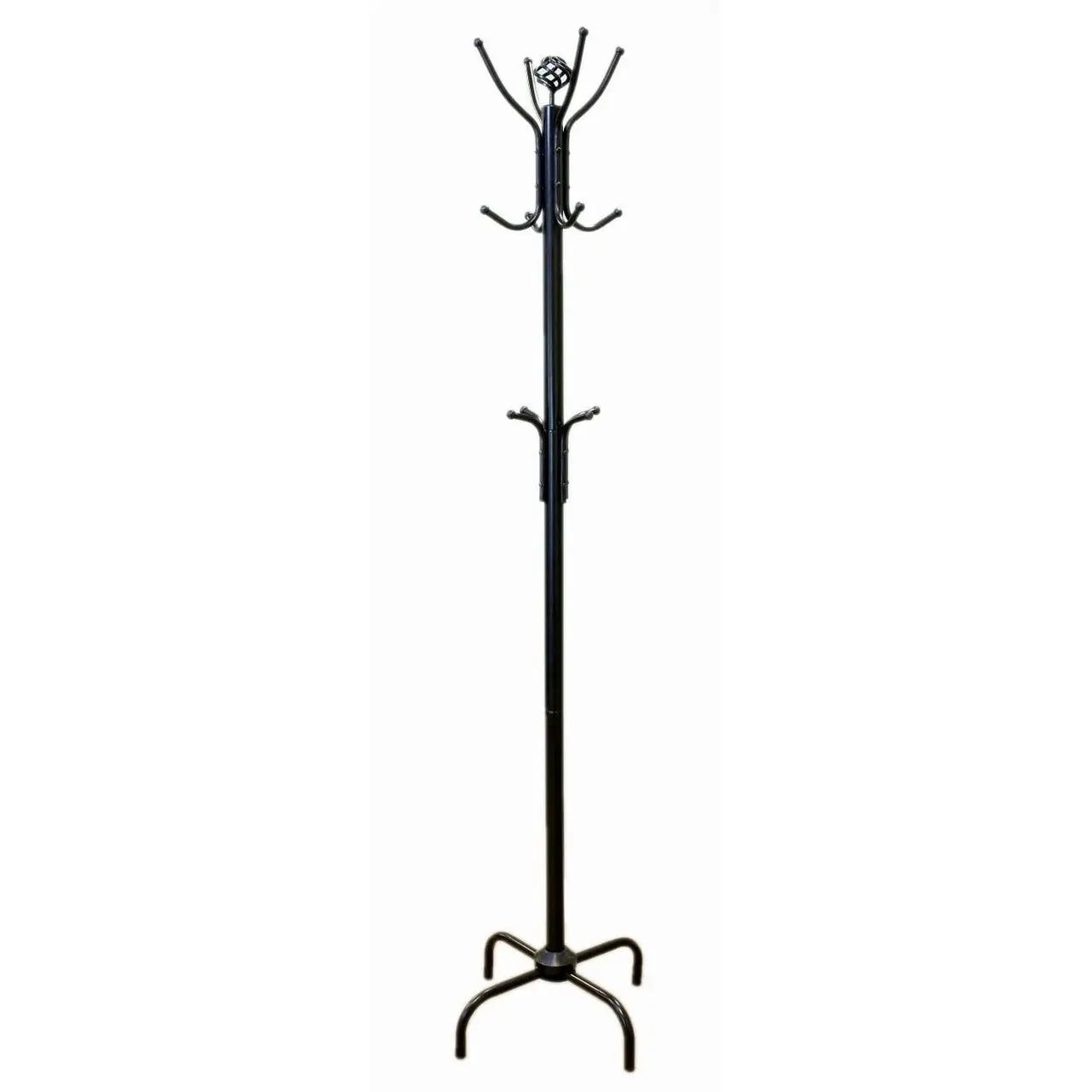 Black metal coat rack with multiple hooks on a white background