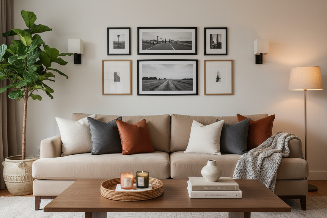 Modern cozy living room with beige sofa, decorative cushions, gallery wall of framed black-and-white art, warm lighting, indoor plant, coffee table with candles and décor accents.