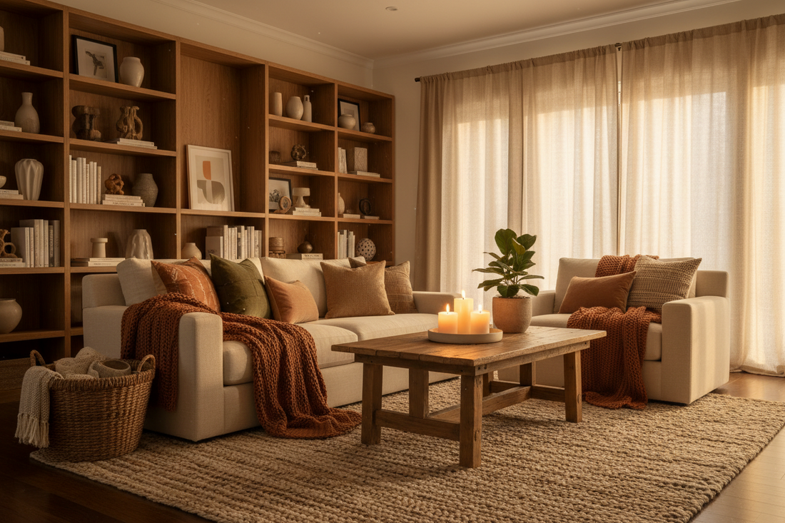 A warm, cozy living room with a beige sofa, wooden shelves, a coffee table, soft curtains, woven textures, and natural light.