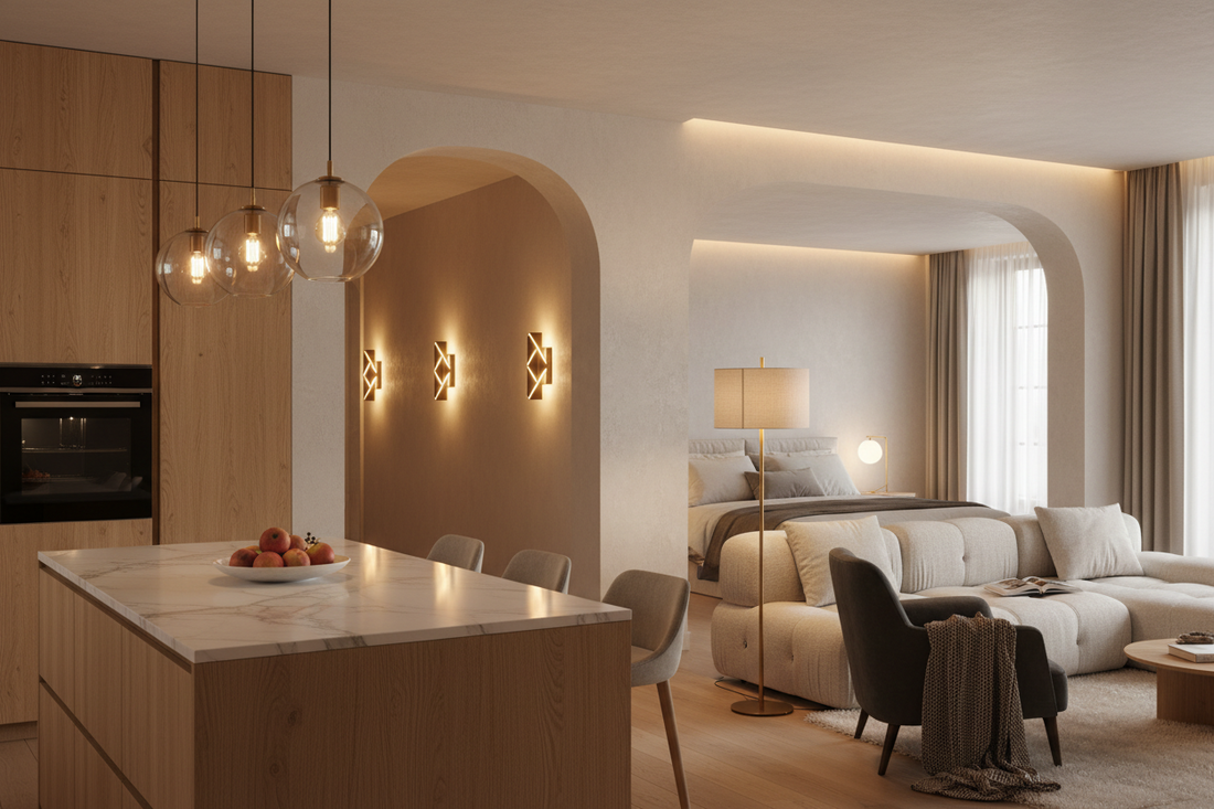Layered home lighting design featuring glass globe pendant lights over a kitchen island, geometric brass wall sconces, and a floor lamp in an open-plan living space