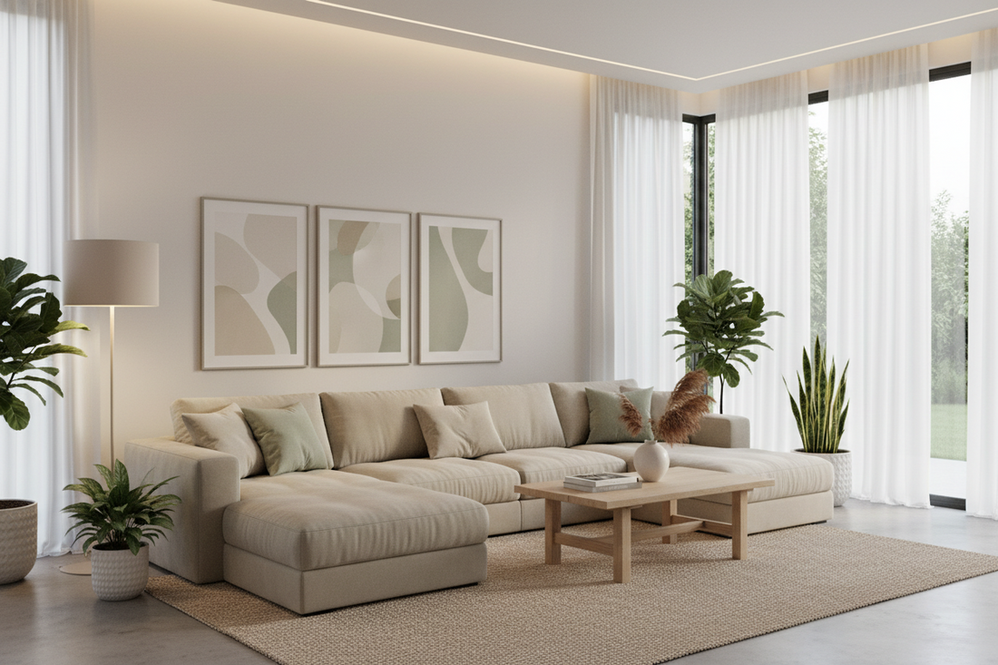 Modern minimalist living room with a beige sectional sofa, abstract wall art, indoor plants, sheer curtains, and soft natural lighting.