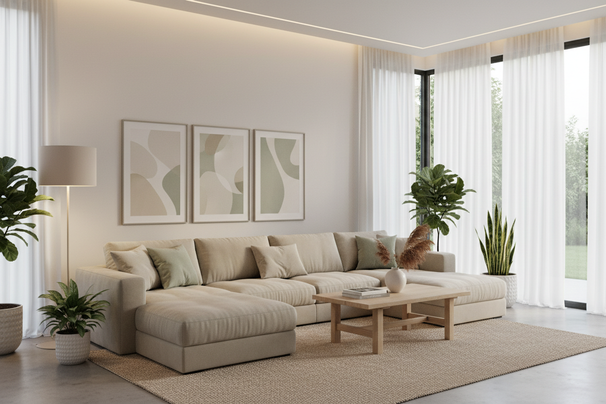 Modern minimalist living room with a beige sectional sofa, abstract wall art, indoor plants, sheer curtains, and soft natural lighting.