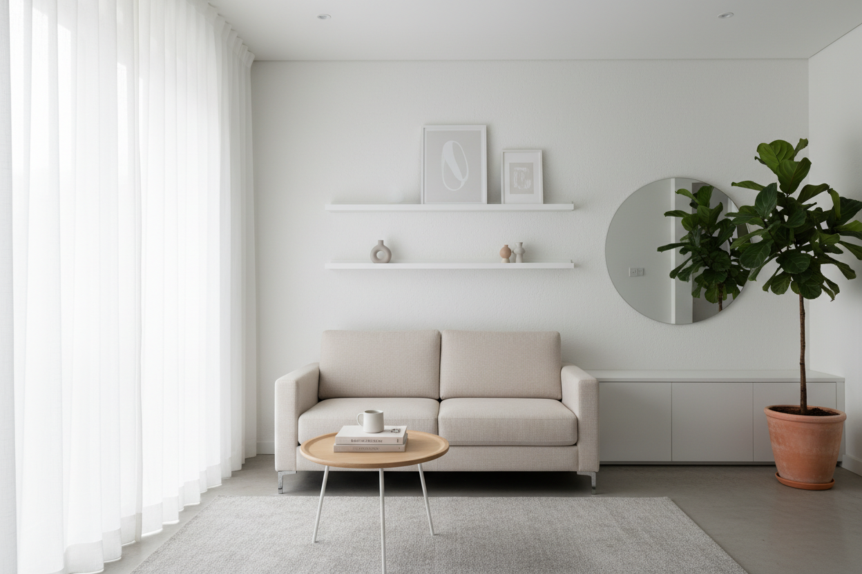 Minimalist living room with a beige sofa, round wooden coffee table, floating shelves, indoor plant, and soft natural light in a modern neutral interior.