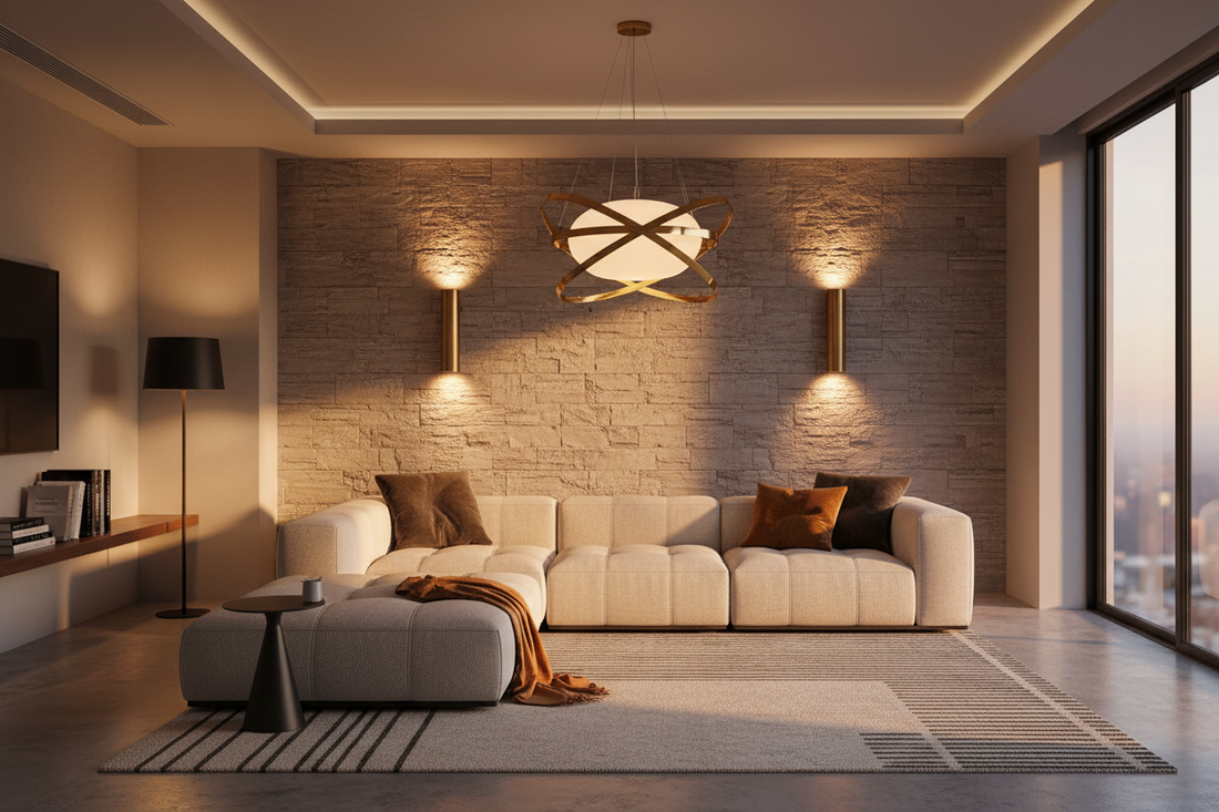 Modern living room featuring a contemporary chandelier, warm wall sconces, a beige sectional sofa, textured stone accent wall, and layered ambient lighting creating a cozy atmosphere.