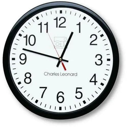 Wall clock with black frame and white face displaying brand name 'Charles Leonard'.