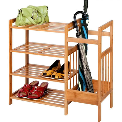 2-in-1 Bamboo Shoe Rack with Bench and Umbrella Holder 4 Shelves-2