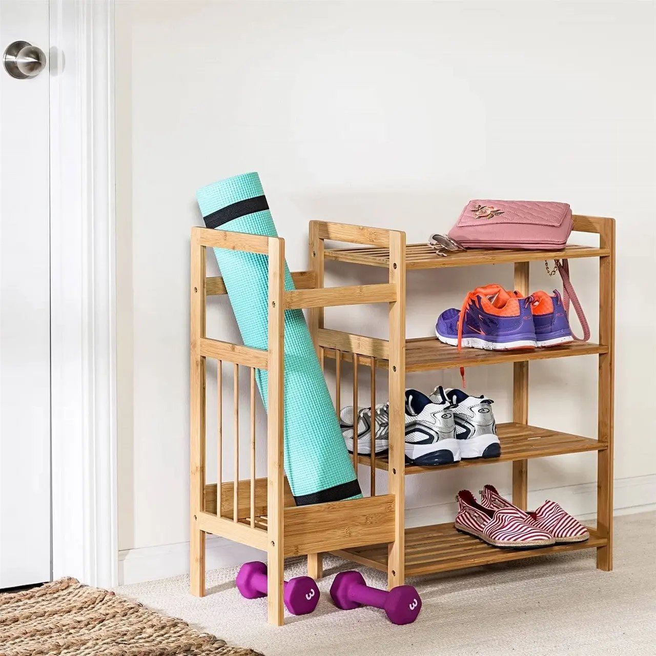 2-in-1 Bamboo Shoe Rack with Bench and Umbrella Holder 4 Shelves-0