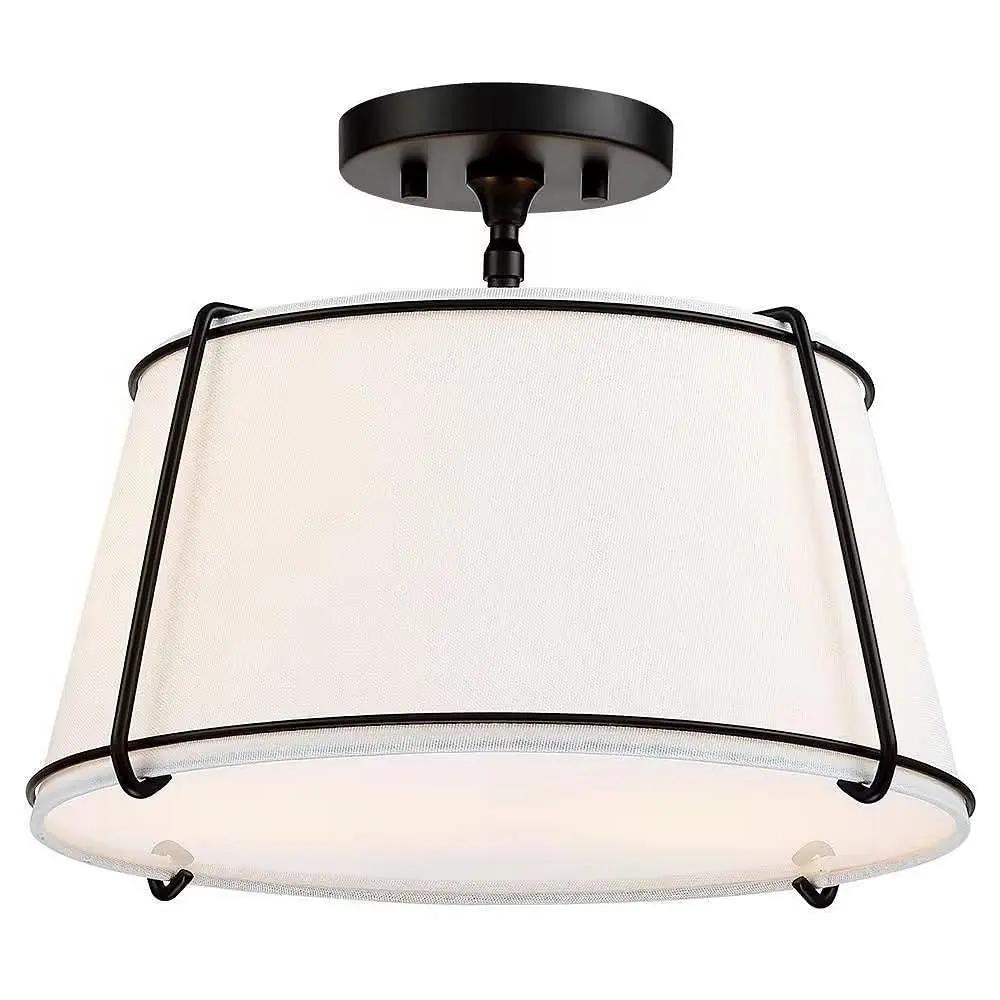 2-Light 15-Inch White Drum Ceiling Light Black Metal Semi-Flush Mount-2