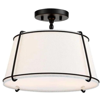2-Light 15-Inch White Drum Ceiling Light Black Metal Semi-Flush Mount-2