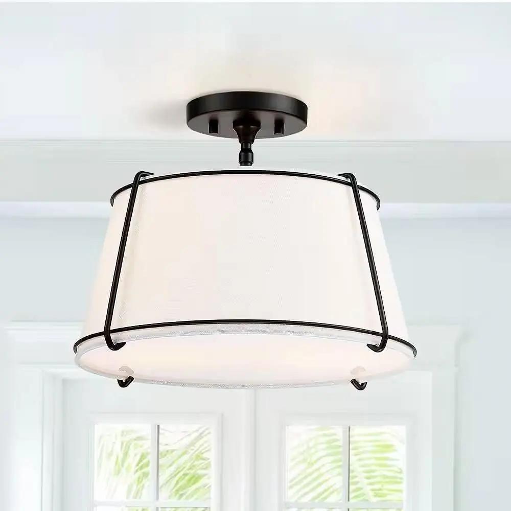 2-Light 15-Inch White Drum Ceiling Light Black Metal Semi-Flush Mount-0
