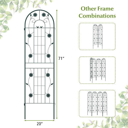 Decorative metal garden arch with dimensions and additional frame combinations shown.