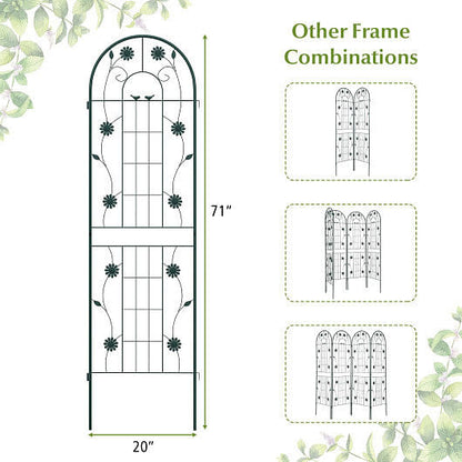 Decorative metal garden arch with dimensions and additional frame combinations shown.