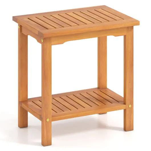 2-Tier Acacia Wood Outdoor Side Table with Slatted Shelf Storage-0