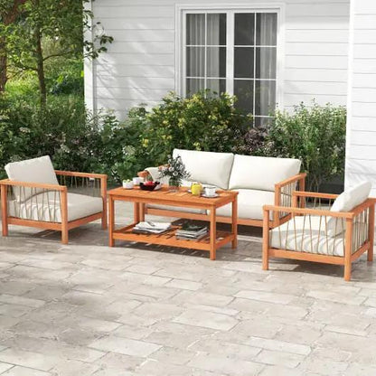 2-Tier Solid Wood Patio Coffee Table with Slatted Top and Shelf-1