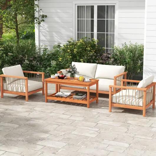 2-Tier Solid Wood Patio Coffee Table with Slatted Top and Shelf-1