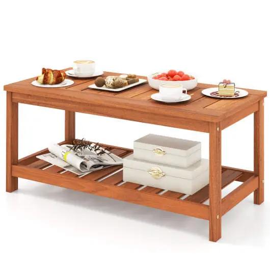 2-Tier Solid Wood Patio Coffee Table with Slatted Top and Shelf-2