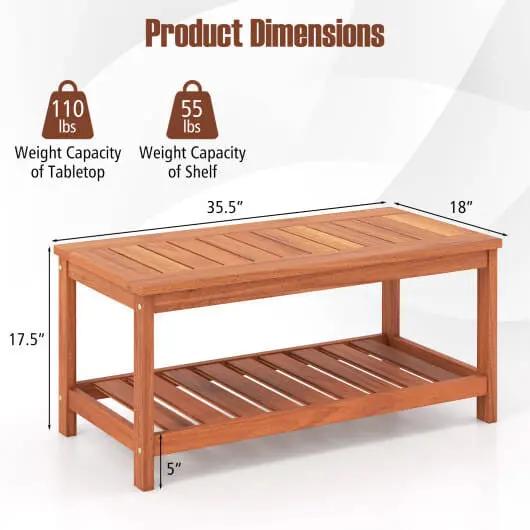 2-Tier Solid Wood Patio Coffee Table with Slatted Top and Shelf-3