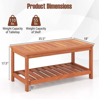 2-Tier Solid Wood Patio Coffee Table with Slatted Top and Shelf-3