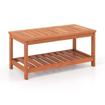 2-Tier Solid Wood Patio Coffee Table with Slatted Top and Shelf-4