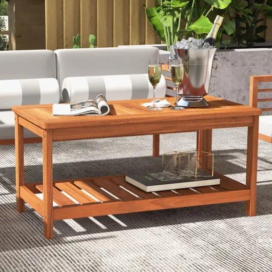 2-Tier Solid Wood Patio Coffee Table with Slatted Top and Shelf-0