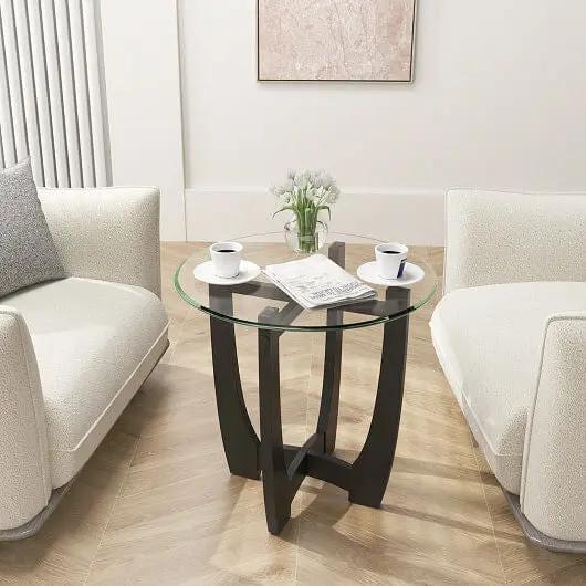 23.5 Inch Round End Side Table with Black Tempered Glass Top-1