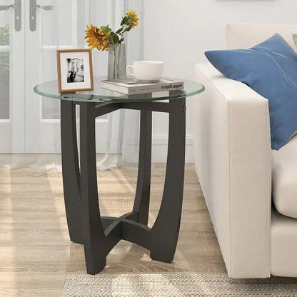 23.5 Inch Round End Side Table with Black Tempered Glass Top-0