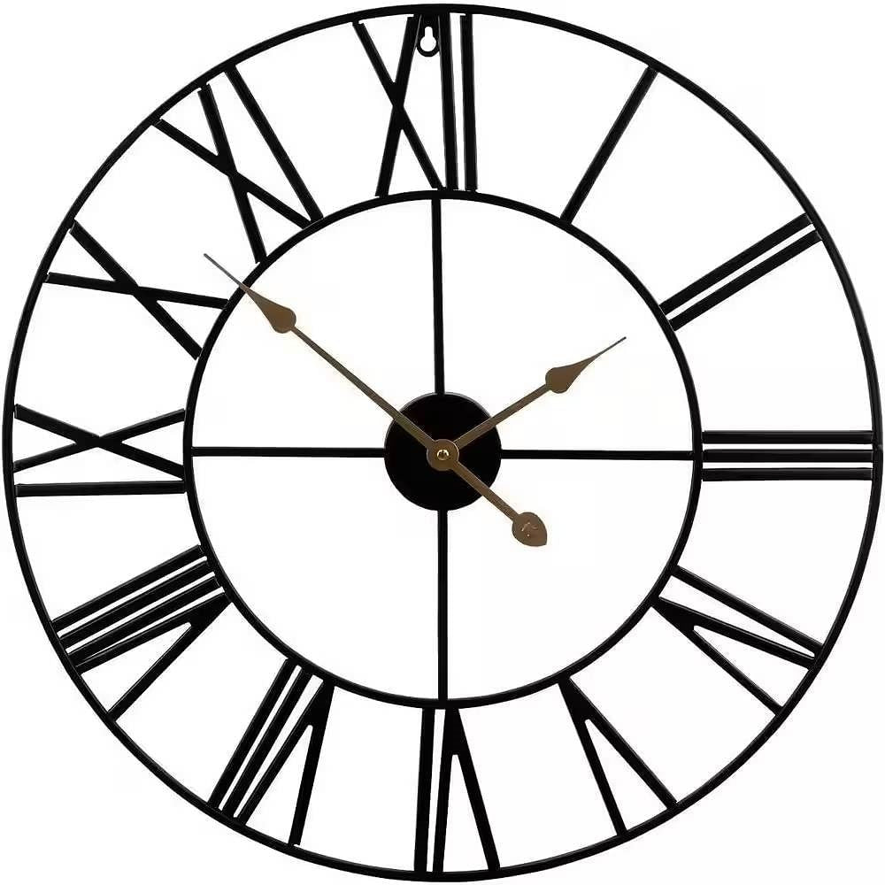 Black wall clock with Roman numeral markers on a white background