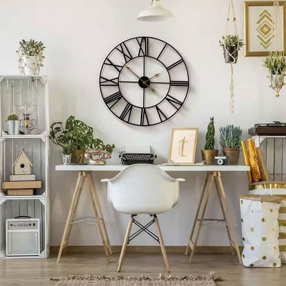 Modern home office with a large wall clock, desk, chair, and decorative items.