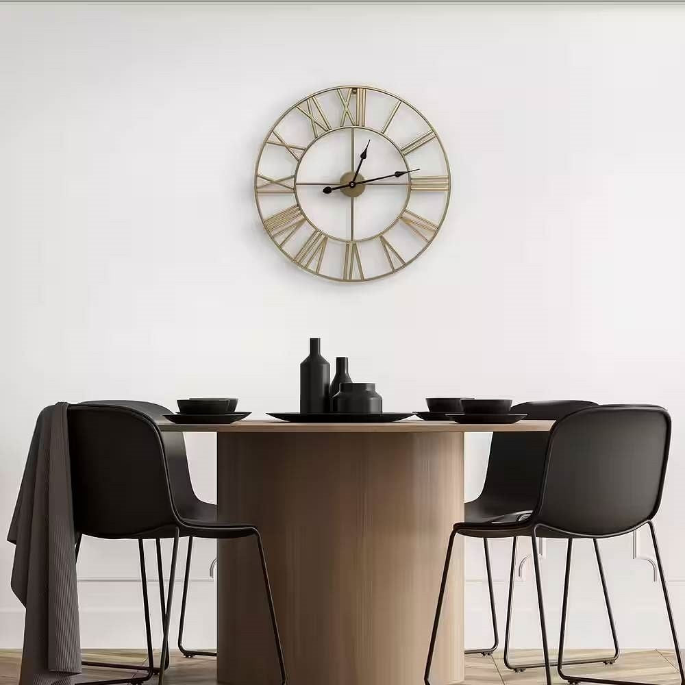 Dining area with a round table and black chairs, featuring a large wall clock.