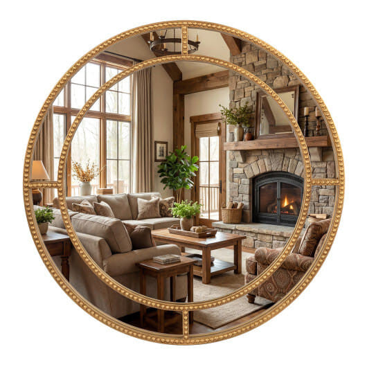Round gold-framed mirror reflecting a cozy living room with a fireplace.