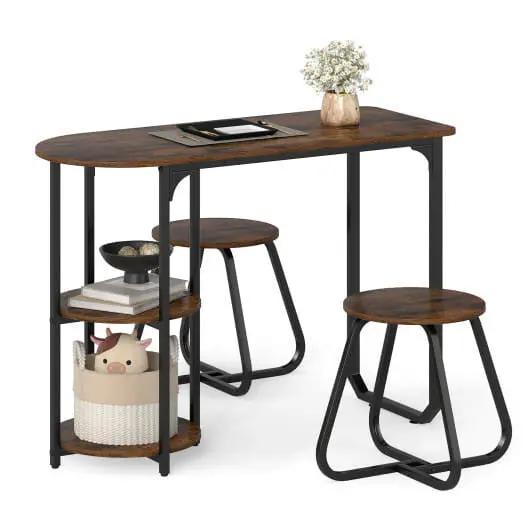 3-Piece Industrial Dining Table Set Small Space Black Metal Frame-2