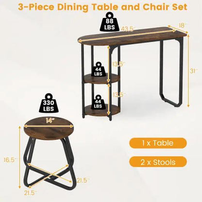 3-Piece Industrial Dining Table Set Small Space Black Metal Frame-3