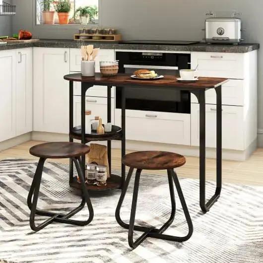 3-Piece Industrial Dining Table Set Small Space Black Metal Frame-0