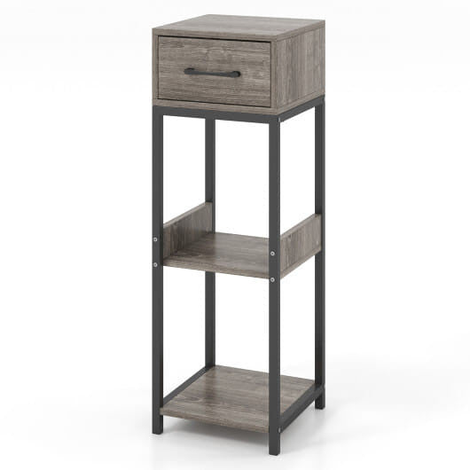 Three-tiered side table with a drawer in a gray finish on a white background