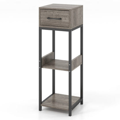 Three-tiered side table with a drawer in a gray finish on a white background