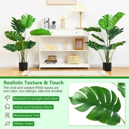 Two artificial plants in a room with a shelf and decor items, featuring text about their properties.