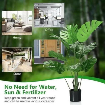 Artificial plant with text indicating no need for water, sun, and fertilizer, suitable for various settings.