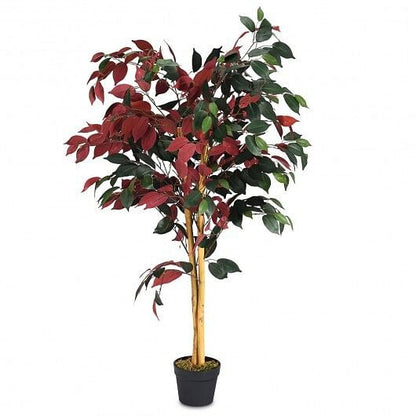 Artificial potted plant with red and green leaves on a white background
