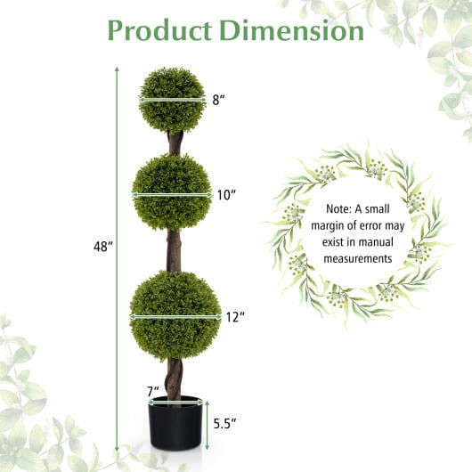Measurement chart of a topiary plant with labeled dimensions on a white background.