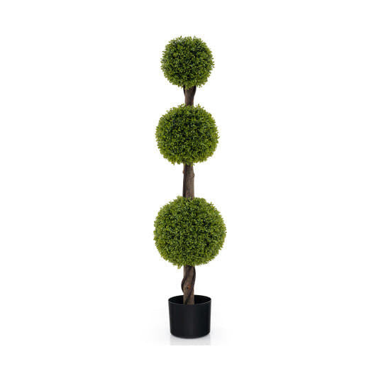 Artificial topiary tree with three spherical green balls on a white background