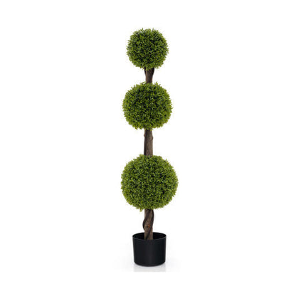 Artificial topiary tree with three spherical green balls on a white background