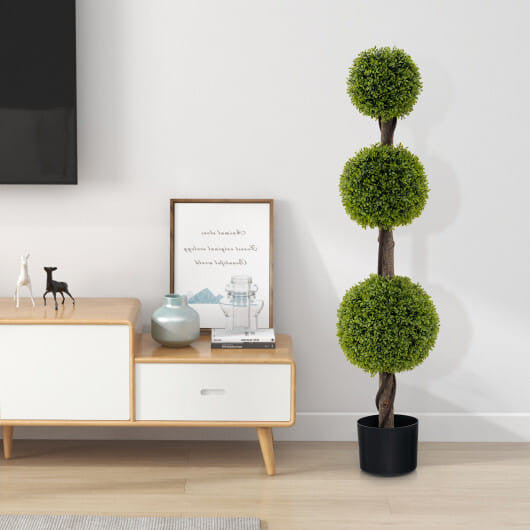 Decorative topiary plant in a living room setting with a TV, cabinet, and framed picture.