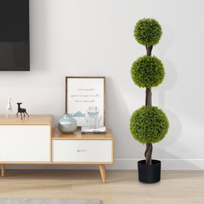 Decorative topiary plant in a living room setting with a TV, cabinet, and framed picture.