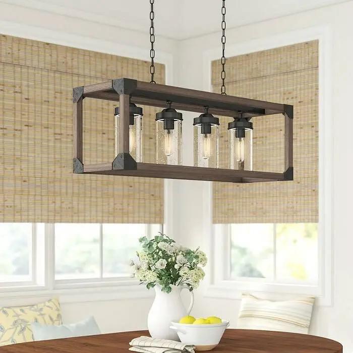 4 Light Dimmable Rectangle Chandelier with Wrought Iron Accents-0