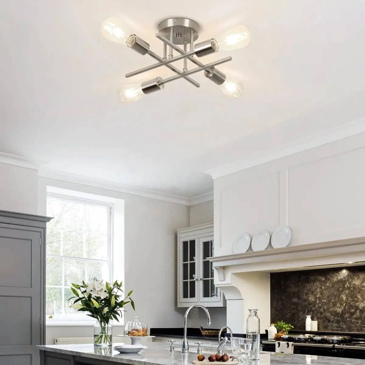 4-Light Modern Flush Mount Sputnik Ceiling Light Brushed Nickel-1