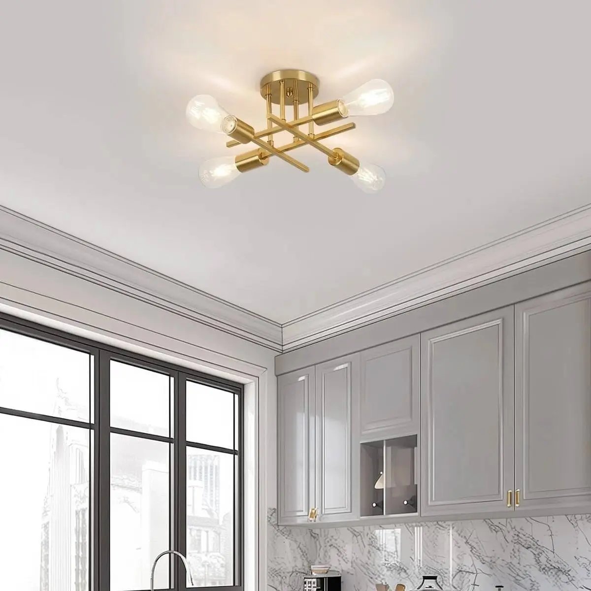 4-Light Modern Sputnik Flush Mount Ceiling Light Fixture Brass-1